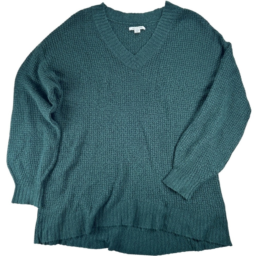 American Eagle V-Neck Sweater Womens Small Green Waffle Knit Oversized Cozy Soft